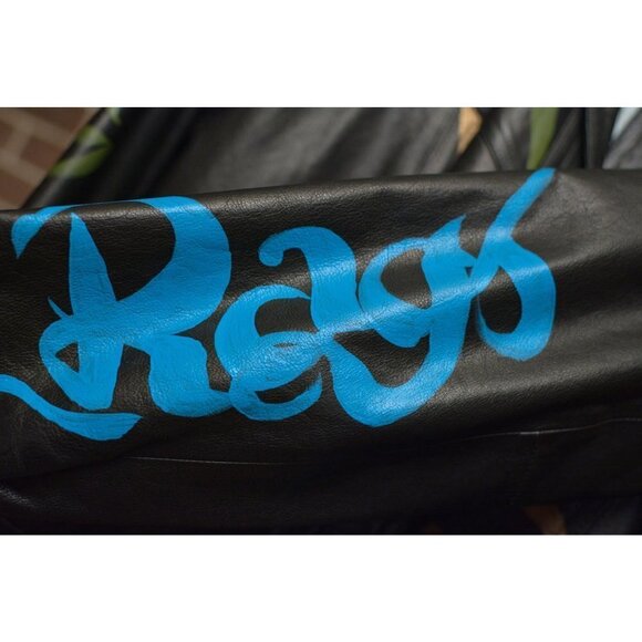 Vintage black leather biker jacket, hand painted, lucky sz M - Picture 7 of 14